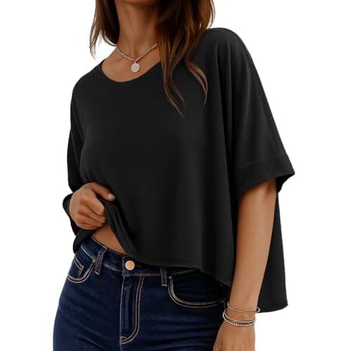 rosemia Oversized Tshirts for Women Summer Graphic Half Sleeve Crop Tops Casual Blouses, Solid Black, S