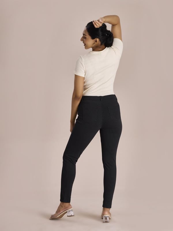 Image of GO COLORS Women Black Mid Rise Cotton Stripe Printed Jeggings - XL