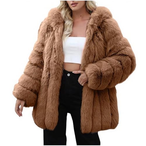 Manteau Fourrure Femme Capuche Veste Polaire Chaude avec Capuche Teddy Manteau en Fausse Fourrure pour Femmes Mi-Longue en Fausse Manteau d'hiver Manteaux et...