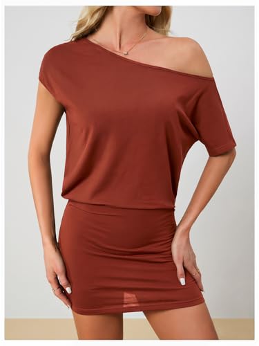 Image of SOLY HUX Women's Off The Shoulder Mini Dress Going Out Asymmetrical Neck Short Sleeve Casual Bodycon T Shirt Dresses