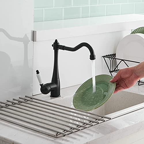 Greenspring Stainless Steel Matte Black Kitchen Sink Faucet Single Hole Traditional Period Single Ceramic Lever 360 Degree Swivel Mixer Tap Wet Bar Sink Faucet Supply Line Lead-Free #TOP2