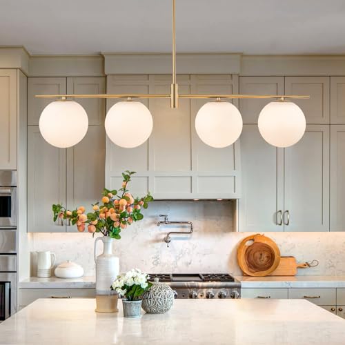 Zicbol 45.3" Modern Linear Chandelier 4-Lights Milk Glass Globe Linear