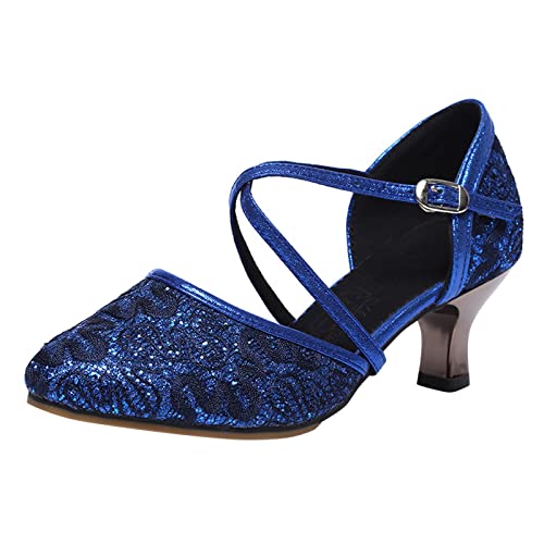 Sandalias de baile para mujer, con lentejuelas, de moda, para baile de baile, baile latino, sandalias de tacón para mujer, color marrón, Blue, 37.5 EU