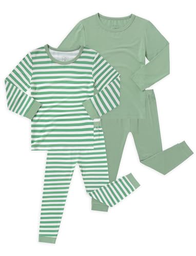 JunNeng Bamboo Viscose Pajamas for Toddler Snug Fit Long Sleeve Striped Sleepwear for Boys & Girls 2 Sets SageGreen+Striped 18-24 Months