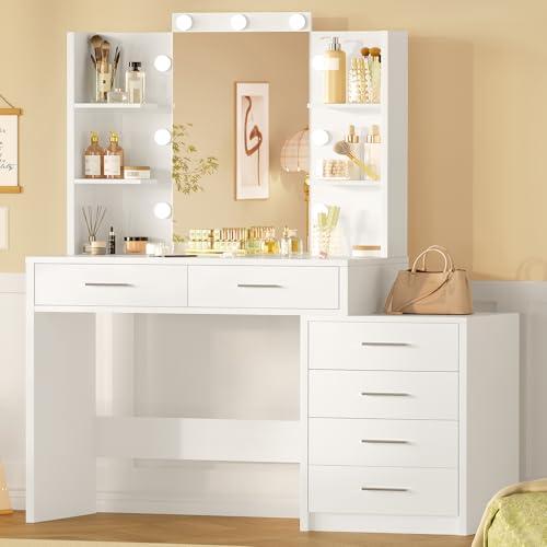 Image of FIONESO 43.3 inch W Vanity Desk with Mirror and 9 LED Lights, Makeup Vanity with 6 Drawers, 6 Open Shelves, 3 Color Modes & Adjustable Brightness, Dressing Table for Girls Bedroom, White