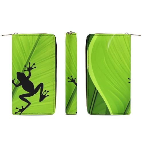 Girl's Long PU Wallet, Travel Purse Fashion Design, Huge Storage Capacity Purse, Cute Decor Zipper Wallet Green Leaf Frog3