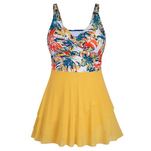 Arolina Women Plus Size One Piece Swimsuits Mesh Ruffle Swimdress Modest Bathing Suit Front Cross Swim Suits with Bottom 22 Plus Yellow Floral