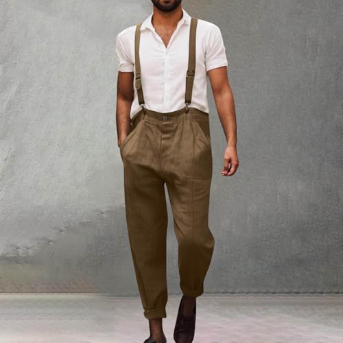 Men Bib Overalls Linen Work Spaghetti Strap Jumpsuit Overalls Men's Casual Vintage Romper Pants Workwear with Pockets2