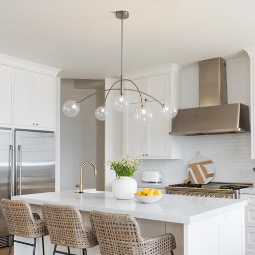 Image of Mid Century Modern Sputnik Chandelier Adjustable 5 Light Clear Glass Silver Ceiling Chandelier for Dining Room Kitchen Bedroom