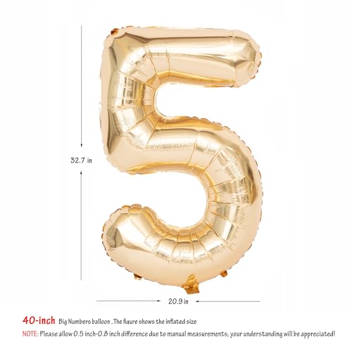 Image of 40 Inch Light Gold 5 Number Balloons Large Champagne Gold Number | White Gold Giant 5 Foil Mylar Helium Digital Balloon for 5th or 5st Anniversary Party Decorations Supplies