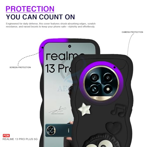 Image of AESTMO Back Case Cover for Realme 13 Pro 5G / Pro Plus | 3D Cute Fun Cartoon Characters | Anti Slip Grip Cute Wave Curly Frame Shape | Back Cover for Realme 13 Pro 5G / Pro Plus (Black)