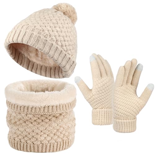 TAGVO Set de Gorro de Punto Caliente Pantalla Táctil Guantes Cuello Bufanda para Mujeres,Sombreros de Invierno y Cozy Calentador de Cuello con Forro Polarnjunto de 3 Piezas Accesorios de Invierno