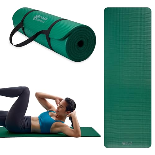 Gaiam Essentials Thick Yoga Mat - Fitness and Exercise Mat with Easy-Cinch Carrier Strap Included - Soft Cushioning and Textured Grip - Multiple Colors Options (Green, 72'L X 24'W X 2/5 Inch Thick)