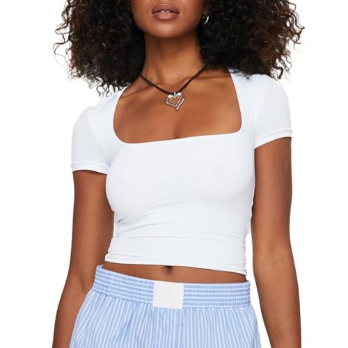 EMOTTOS Mujeres Y2k Slim Tops, Verano Sexy Cuello Cuadrado sin Mangas Vest Tops, Slim Fit Off-Shoulder Crop Top Camisola(2 Estilo, Negro/Beige/Blanco,S-XL)