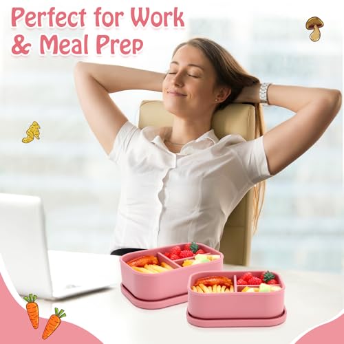 Image of Honeydak 4 Pcs Silicone Bento Box, 3 Compartment Lunch Food Container for Women Men, Leak Proof Microwave Easy to Clean Dishwasher Freezer Safe (Red)