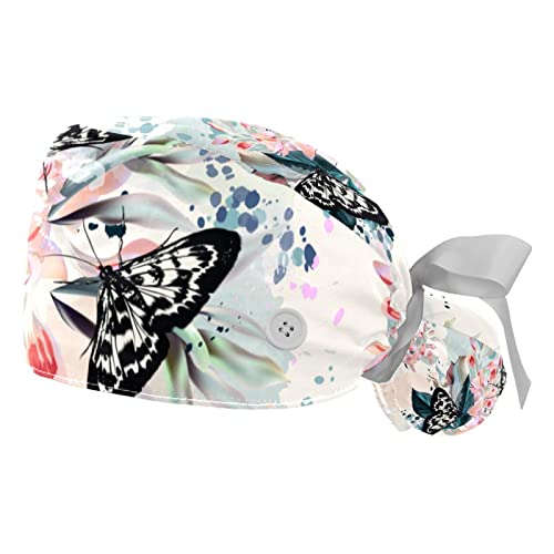 Casquettes de travail ajustables papillon floral avec bandeau anti-transpiration 2PCS