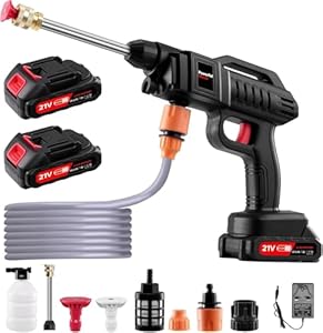 Kabelloser 21V Tragbarer Akku Hochdruckreiniger,60 Bar und Ladegerät, 3000W Akku Hochdruckreiniger mit 6-in-1 Verstellbarer Düse & 5m Schlauch für Auto