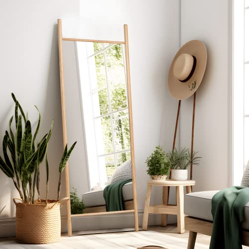 Image of NeuType 65 inch x 22 inch Full Length Mirror Large Ladder Style Mirror Solid Wood Frame Full Length Mirror for Wall, Large Bedroom Mirror, Wall Mounted or Leaning Against Wall, Natural (No Stand)