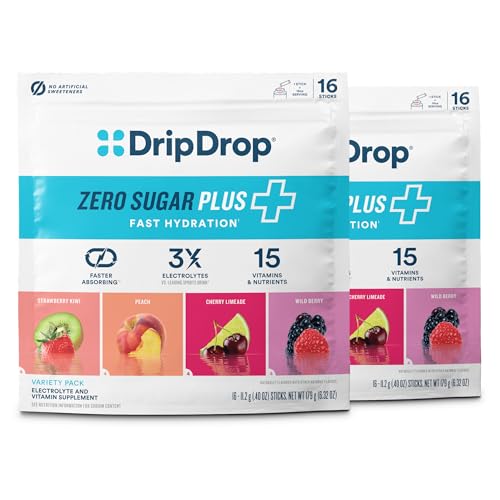 Image of DripDrop Hydration Zero Sugar Plus Electrolyte Packets, 16 Ct (Pack of 2) | Strawberry Kiwi, Peach, Cherry Limeade, Wild Berry; Sugar Free Powder Drink Mix; No Artificial Sweeteners; Low Calorie