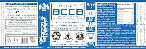 Image of Grizzly Nutrition, Pure BCCB 450g, 30g Energy caffeine pack - Betaine, Creatine, Citrulline, B Alanine, Researched muscle, strength, endurance, growth formula, before workout /Intra workout, Kiwi