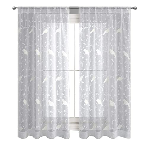 Alifish 1 Panel Birds And Trees Embroidered Ivory Sheer Curtains Linen Look Country Style Voile Yarn Gauze Drape Panels For Kids Room Living Room W39 X L63 Inch #TOP1