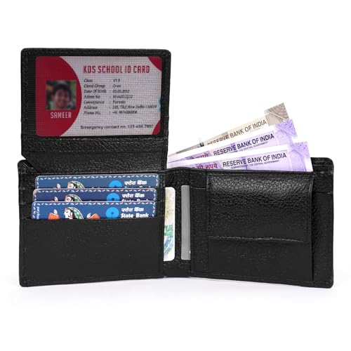 Image of 100% Full Grain Nautral Genuine Pure Original Buff Leather Purse Wallet for Man Mens with Coin Pockets Bifold. 6 Card Slots, 2 Currency Slots, 1 ID Window & 2 Hidden Pockets (Black)