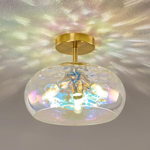 Vintage Glass Flush Mount Ceiling Light - 12 Inch Rainbow Hammered Glass Hallway Light fixtures Ceiling, Gold Semi Flush Mount Ceiling Light,Mid Century Light Fixture for Bedroom Entryway Kitchen