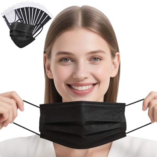 4-Ply Filter Individually Wrapped Black Disposable Face Masks with White Inside Soft Earloops Latex-free Dust Mask for Adults Men Women for Daily Protection Large 50 Pack