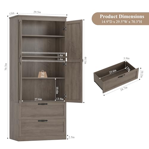 HOSTACK 70" Tall Kitchen Pantry Storage, Barn Doors Pantry Cabinet with Drawers and Adjustable Shelf, Modern Farmhouse Storage Cabinet for Kitchen, Dining Room, Living Room, Bathroom, Ash Grey - Image 4
