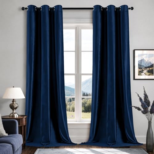 EMEMA Navy Blue Velvet Curtains 84 Inch Length 2 Panels Set Elegant Blackout Curtains for Bedroom Grommet Thermal Insulated Soundproof Room Darkening Window Drapes for Living Room W42 x L84