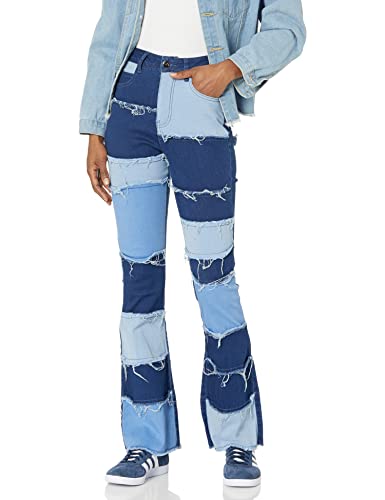 Aodrusa Women Patch Flare Jeans Bell Bottom Raw Hem Denim Pants Blue US 17