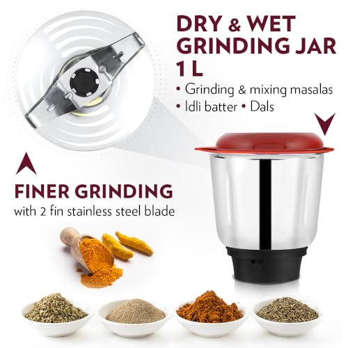 Image of Borosil Best Mixer Grinder, For Wet /Dry Mixing & Grinding, 500 Watts, 3 Jars (400 ml Chutney Jar, 1.2 L Blending Jar, 1 L Grinding Jar), Mixie For Kitchen