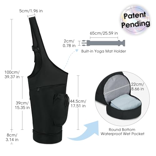 sportsnew Yoga Mat Bag, Opening Large Yoga Mat Carrier Bag with Zipper Pocket and Bottom Wet Pocket, Exercise Yoga Mat Carrier Holder Multi-Functional Storage Bag, Black, patent pending