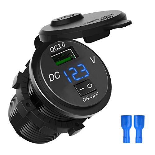 Wallfire Carga rápida 3.0 USB Cargador de Coche Enchufe Pantalla Digital voltímetro USB Cargador Socket con Interruptor Encendido Apagado para Coche Marino MTB Motocicleta (Color: Azul)
