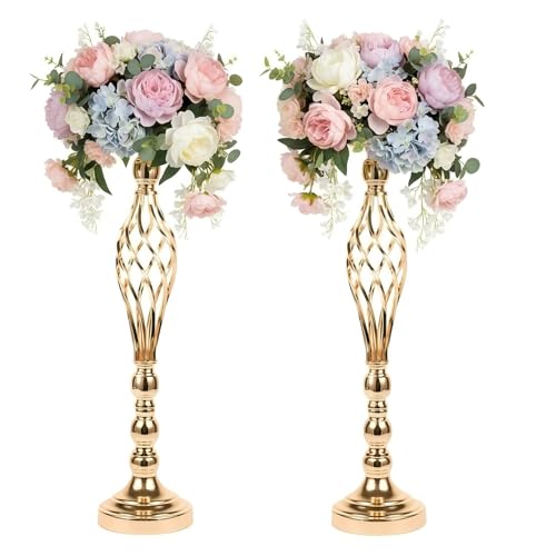 LANLONG 2pcs Metal Gold Candle Holders Road Lead Table Centerpiece Stand Pillar Candlestick for Wedding Candelabra Flowers Vases
