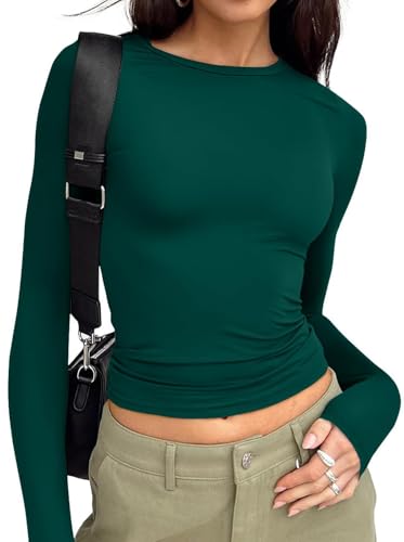 Trendy Queen Womens Long Sleeve T Shirts Fall Fashion 2026 Basic Crop Tops Going Out Workout Outfits Y2k Clothes Dark Green M