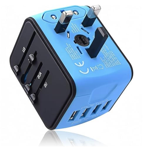 International Travel Adapter Universal Power Adapter Worldwide All in One 4 USB-A Ports Perfect for European US, EU, UK, AU 200+ Countries (Blue)