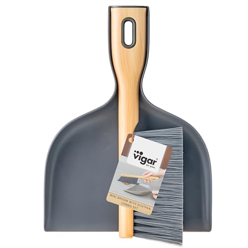 Vigar Brosse et Pelle à Main, Ensemble Compact de 2 pièces, Mini Balai pour Cuisine, Table et Bureau, Gris, Bamboo Print