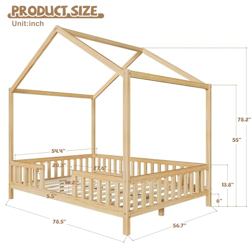 Image of Full Size Wood House-Shape Platform Bed with Roof Frame and Canopy, Montessori Floor Bed with High Railings and Slat Support for Kids Girls Boys, No Box Spring Needed (Natural-05, Full)