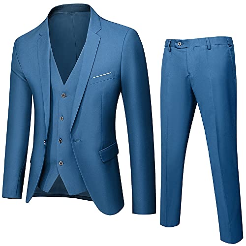 Costume homme 3 pièces slim bleu business blazer gilet pantalon pour fête et mariage