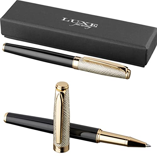 noTrash2003 Lujoso bolígrafo con tapa de piel dorada y partes doradas lacadas, escritura en negro, elegante instrumento de escritura
