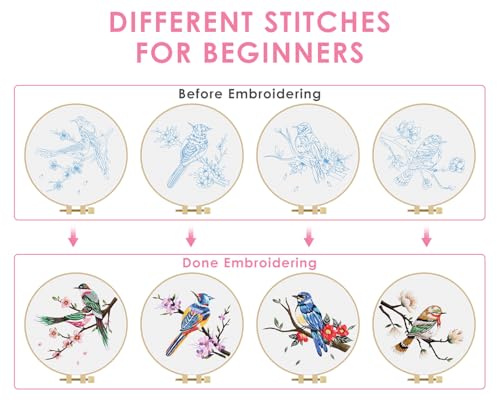 Image of TINDTOP Embroidery Kit for Adults, Flowers and Bird Embroidery Practice Kits for Beginners Adults Include Embroidery Cloth Hoops Threads for Craft Lover Hand Stitch