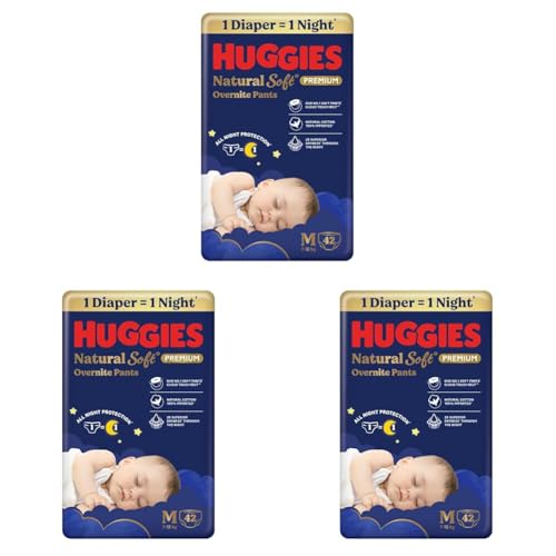 Image of Huggies Natural Soft Overnite Diaper Pants| Premium Pant Style Baby Diapers Medium Size (M Size | 7-12 Kgs), 42 count| Keeps baby dry all night with cloud softness all over (Pack of 3)