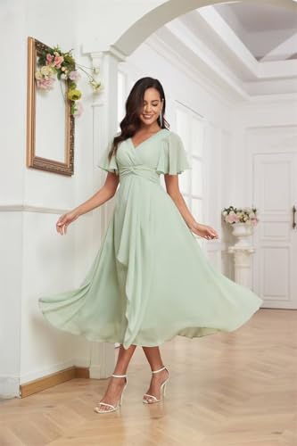 Women's Chiffon Bridesmaid Dresses Tea Length Short Sleeves Maid of Honor Dress for Wedding with Pleats2