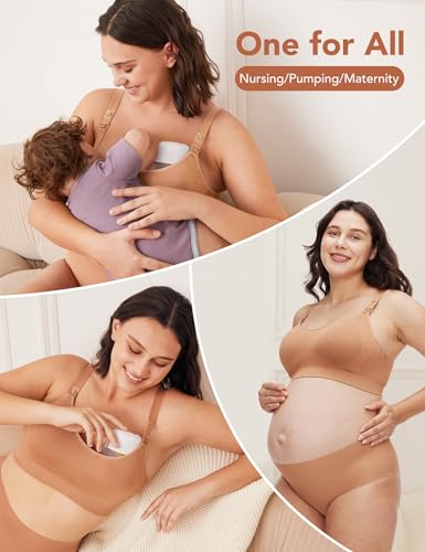 HOFISH Nursing Bra for Breastfeeding with Fixed Pad, TwinClips Wearable Pump Bra, Adjustable Comfort Maternity Bra for Pregnancy, Brown, XL - Thumbnail 5