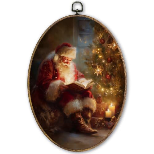 TLESKE Christmas Tree Santa Reading Book Oval Wall Art Decor Framed 9x12