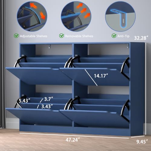 Image of BORNOON Shoe Cabinet with 4 Flip Drawers, Narrow Hidden Shoe Storage Cabinet, Slim Freestanding Shoe Rack Organizer for Entryway, Hallway, Bedroom, Living Room