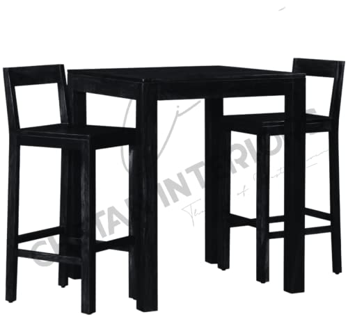 Image of Wooden Bar Dining Table and Chair /Solid Sheesham Wood Bar Table for Balcony with 2 Chairs (Solid Sheesham Wood, 2 Seater, Walnut Finish)