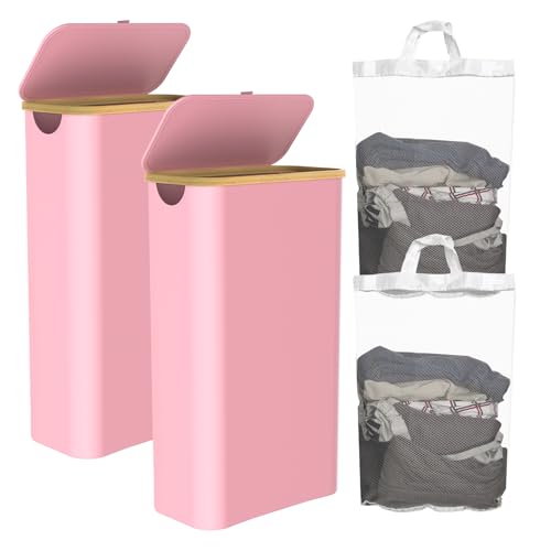 Slim Laundry Hamper with Lid, 60L Laundry Basket with Handles, Skinny Narrow Collapsible Dirty Clothes Hamper with Removable Laundry Bag for Bathroom Bedroom Dorm Clothes Toys Towels (Pink, 2 Pack)
