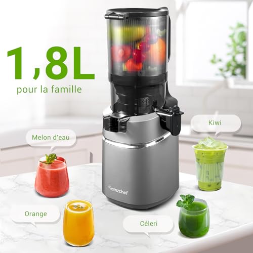 AMZCHEF 250W Extracteur de jus lent automatique Vos mains libres avec triple filtre, Ouverture de 135 mm et capacité de 1,8 L Extracteur de jus de fruits et légumes entiers - Gris – Image 3